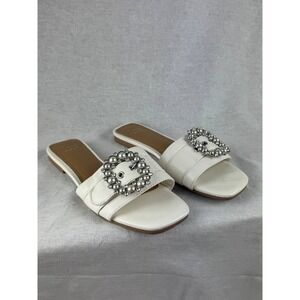 A New Day Womens Pearl Rhinestone Buckle Slide Sandals Cream Square Toe Flat 5.5